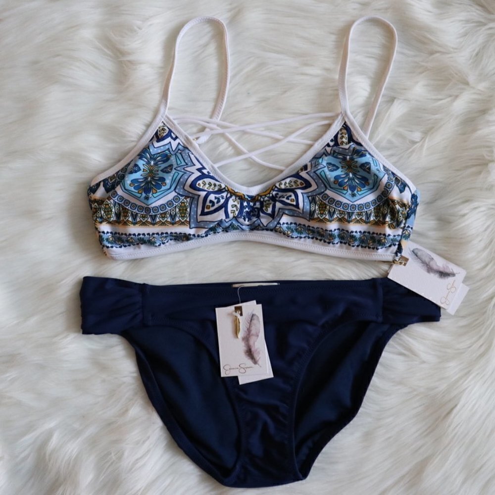 NWT Jessica Simpson White Blue Bikini Swim Set Size Medium